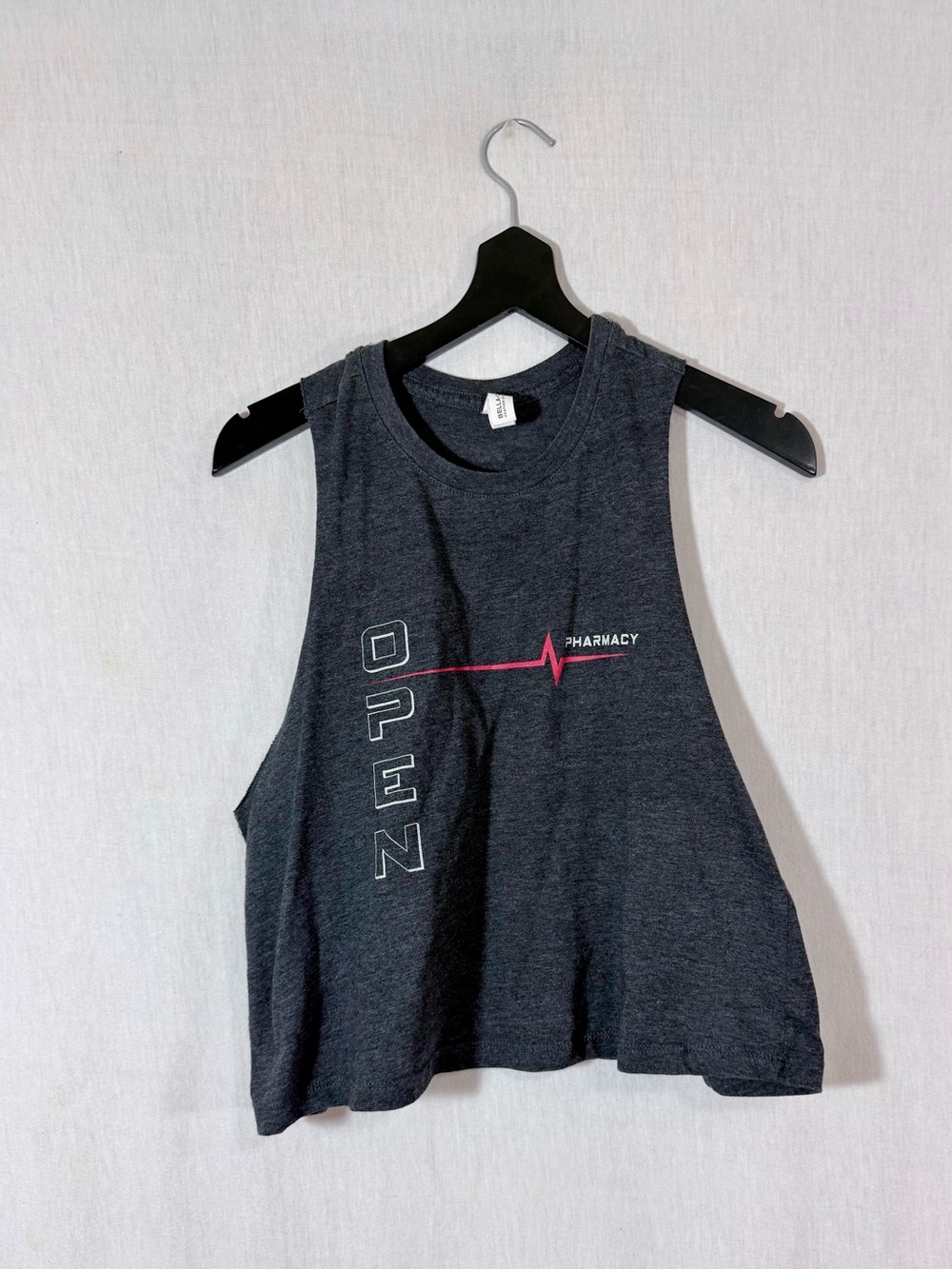 ROVE S Charcoal Gray crop Racerback Tank with open pharmacy Logo